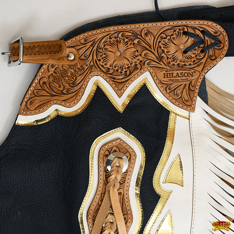HILASON Bull Riding Chaps de Cuero genuino Rodeo Western Black Base | Leather for Men and Women Unisex