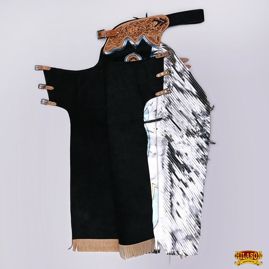 HILASON Bull Riding Chaps de Cuero genuino Rodeo Western Black Base | Leather for Men and Women Unisex