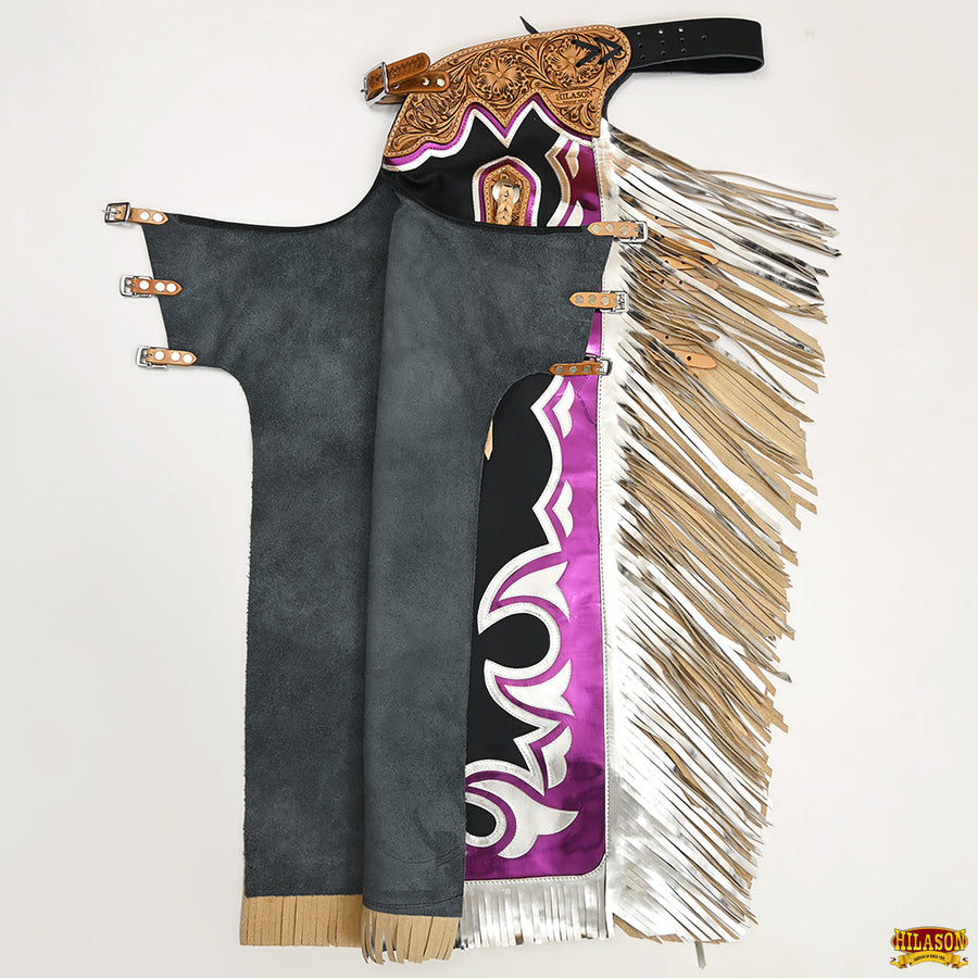 HILASON Bull Riding Genuine Leather Rodeo Western Chaps Black Base | for Men and Women Unisex