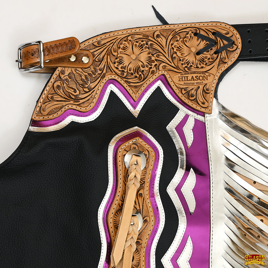 HILASON Bull Riding Genuine Leather Rodeo Western Chaps Black Base | for Men and Women Unisex