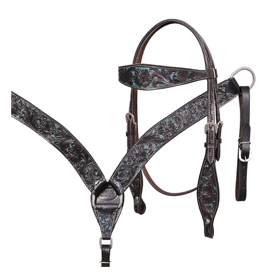 Western Horse Headstall and Breast Collar Tack American Leather Black Turquoise Hilason - Uhorse