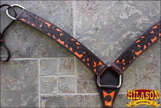Hilason Western Horse Headstall & Breast Collar American Leather Dark Brown w/ Orange Inlay