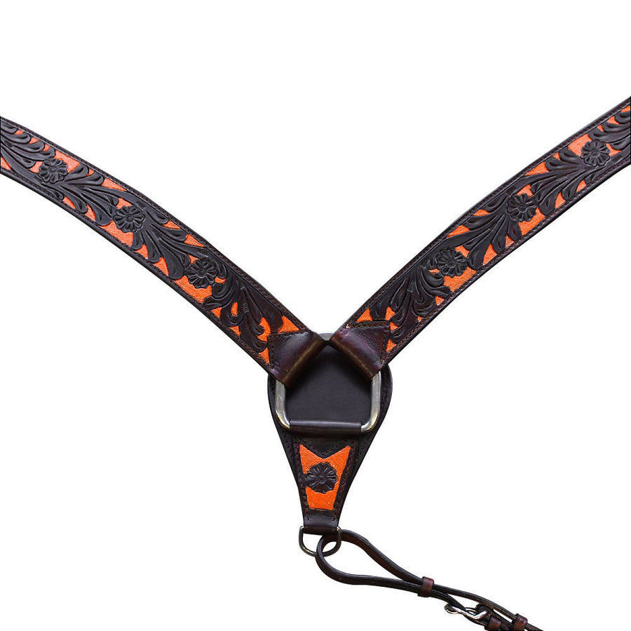 Hilason Western Horse Headstall and Breast Collar American Leather Dark Brown with Orange Inlay - Uhorse