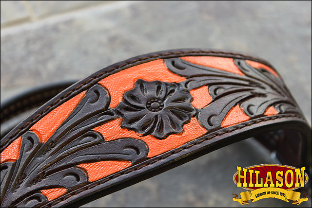 Hilason Western Horse Headstall & Breast Collar American Leather Dark Brown w/ Orange Inlay