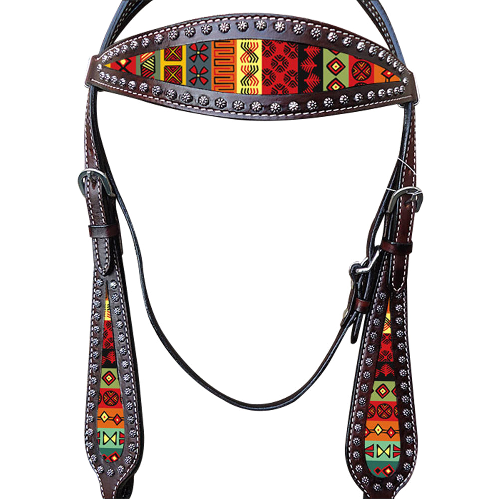 Hilason Western Horse Headstall Bridle American Leather Brown Aztec Inlay