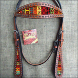 Hilason Western Horse Headstall American Leather Mahogany Aztec Inlay