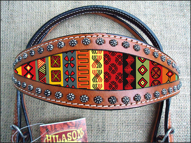 Hilason Western Horse Headstall American Leather Mahogany Aztec Inlay