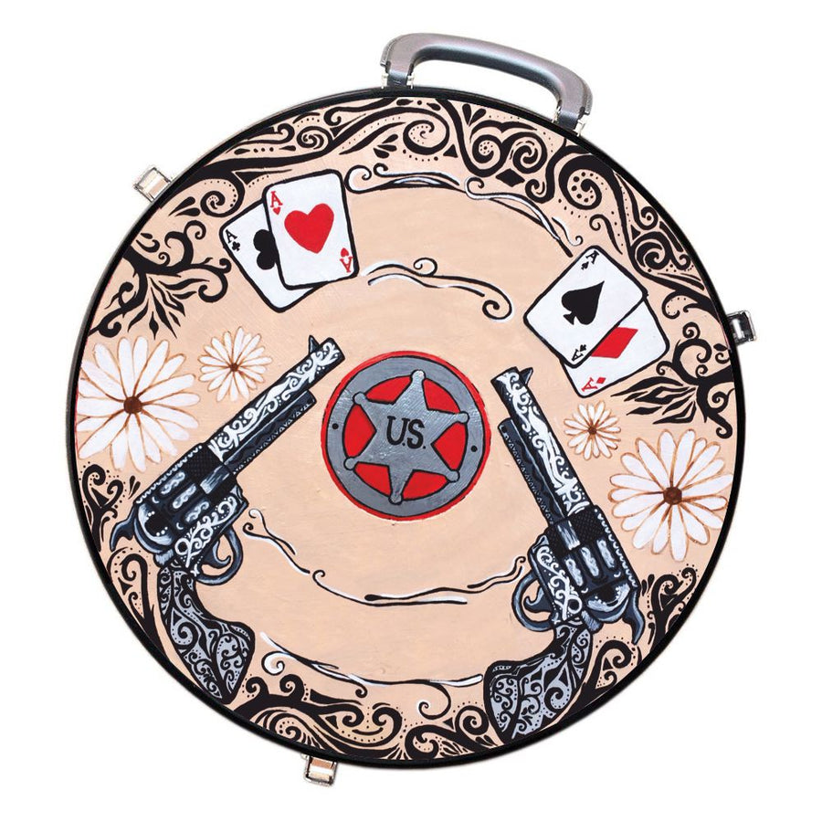 Tan leather round suitcase with western tooling and playing card design - Uhorse