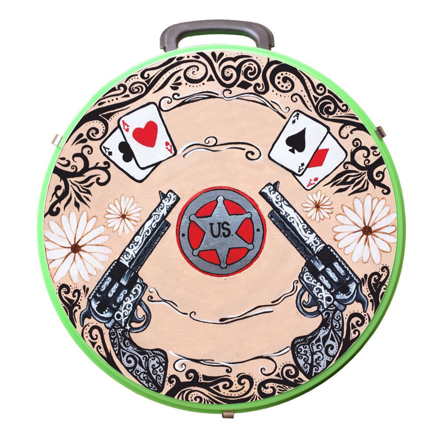 Green nylon western-themed lunch box with playing cards and revolvers - Uhorse
