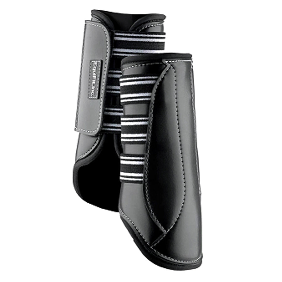 Gray and black leather horse boots with striped fabric trim - Uhorse