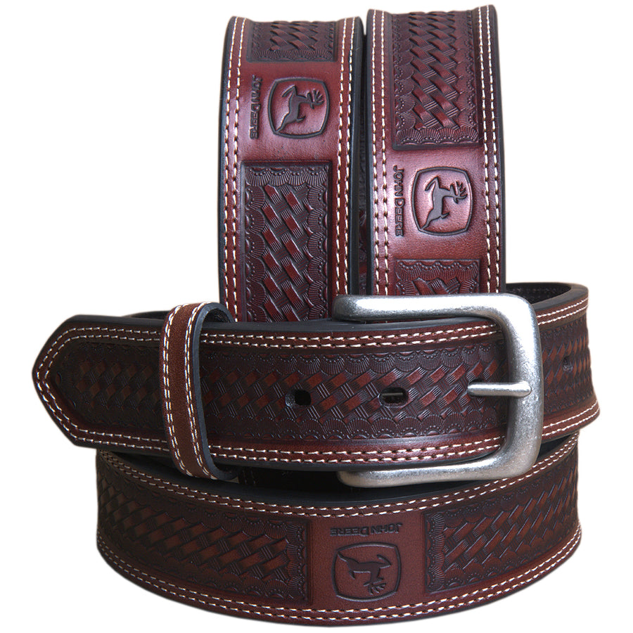 John Deere Brown Basket Weave Genuine Leather Belt for Men Durable Nickel Buckle - Uhorse