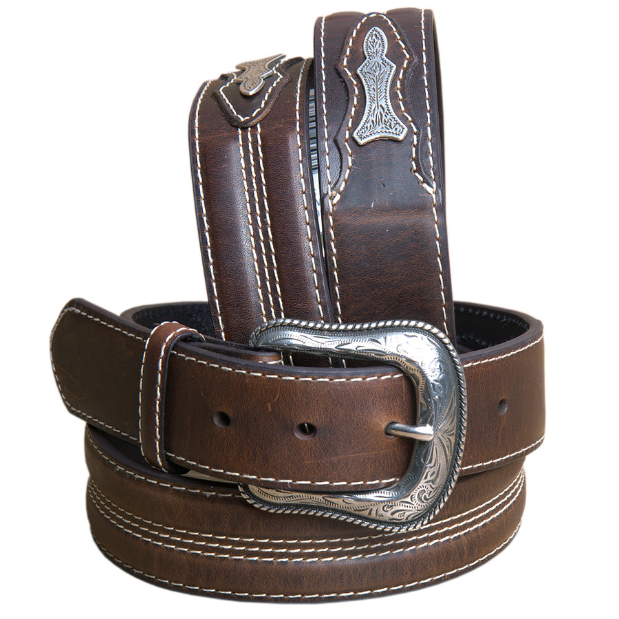 42" Roper Silver Buckle Leather Mens Belt 1-1/2" Wide Brown by Hilason – Cowboy and equestrian accessories