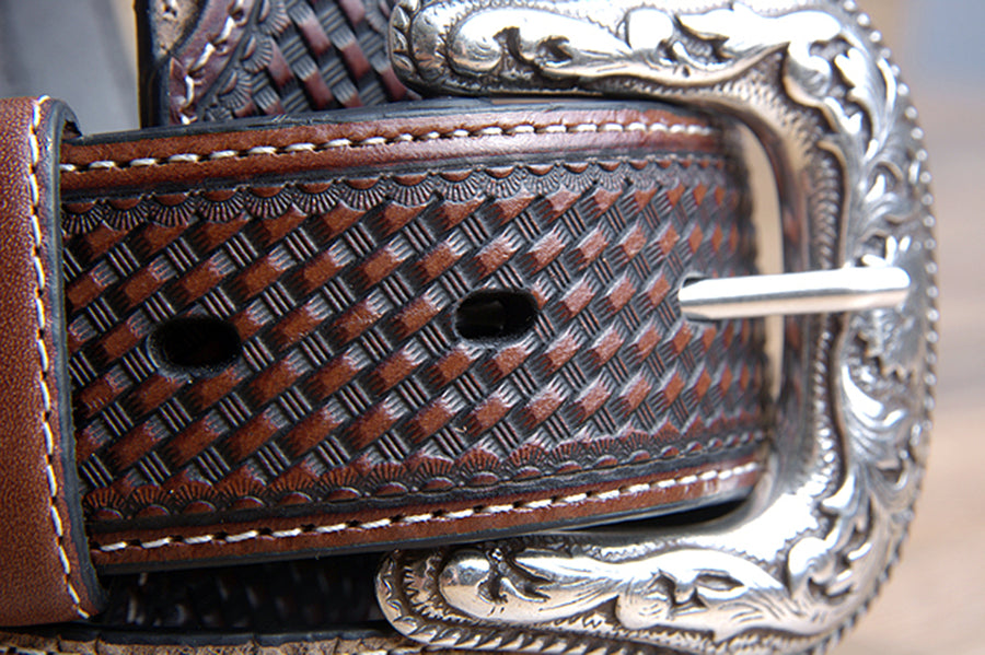 40" Roper Mens Basketweave Top Grain Leather Belt Bark Design 1 1/2" Wide Brown
