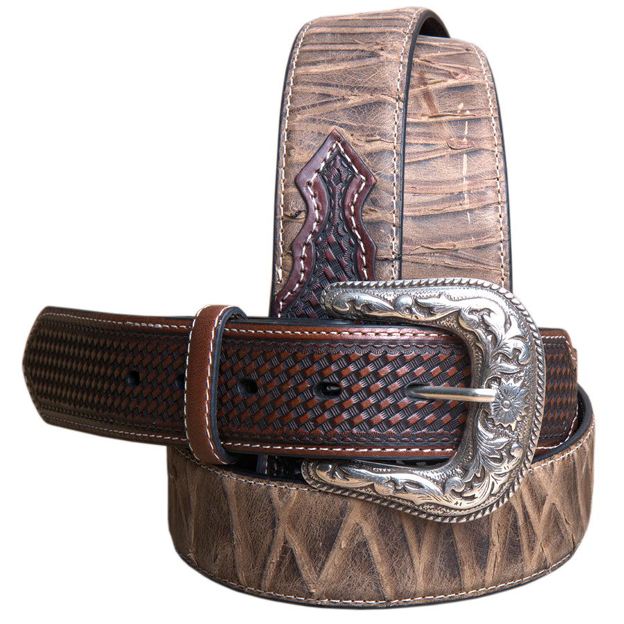 32" Roper men's Basketweave Top Grain Leather Belt Bark Design 1 1/2" Wide Brown - Uhorse