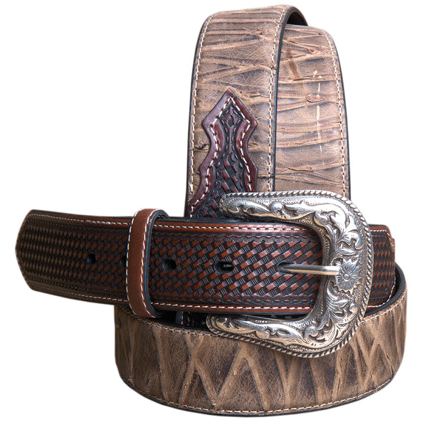 44" Roper men's Basketweave Top Grain Leather Belt Bark Design 1 1/2" Wide Brown - Uhorse