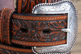 44" Roper Mens Tan Hand Tooled Floral Design Belt With Silver Buckle Tan