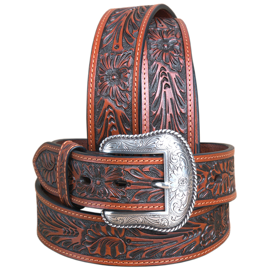 44" Roper men's Tan Hand Tooled Floral Design Belt With Silver Buckle - Uhorse