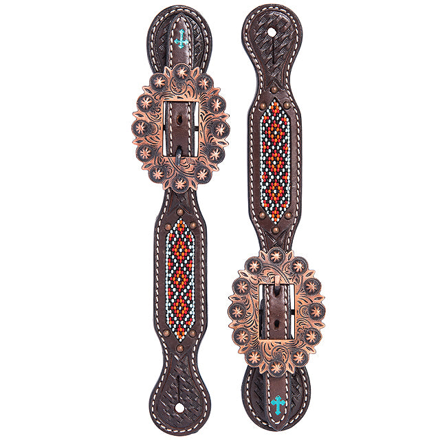 Beaded Basketweave Tooling Ladies Spur Straps Dark Oil - Uhorse