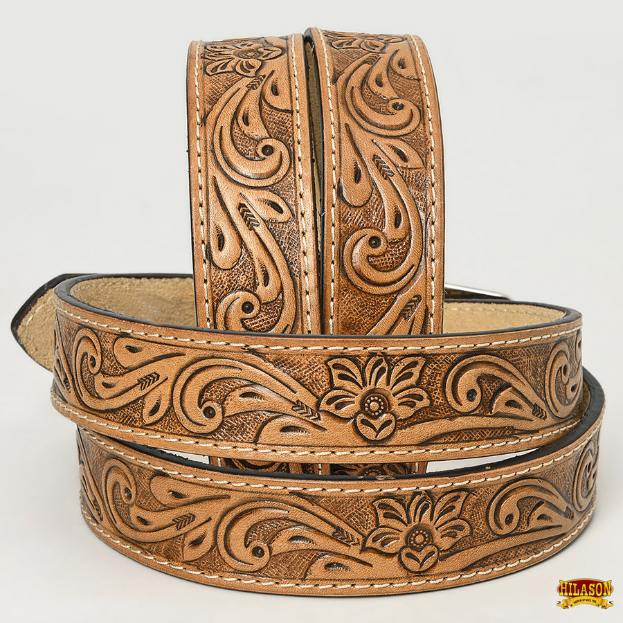 HILASON Western Genuine Leather Belt for Men Women Cowboy Cowgirl Handmade Unisex Full Grain Heavy Duty Floral Tooled