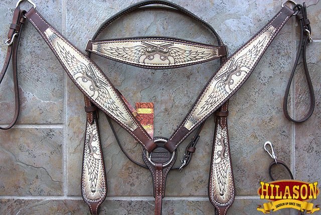 Hilason Western Horse Breast Collar Headstall American Leather Angel Wings