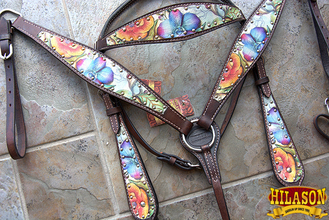 Hilason Western Horse Breast Collar Headstall American Leather Dark Brown Floral