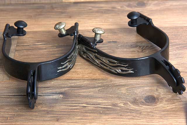 Hilason Western Black Steel Mens Flames Engraved Horse Riding Spurs Pair