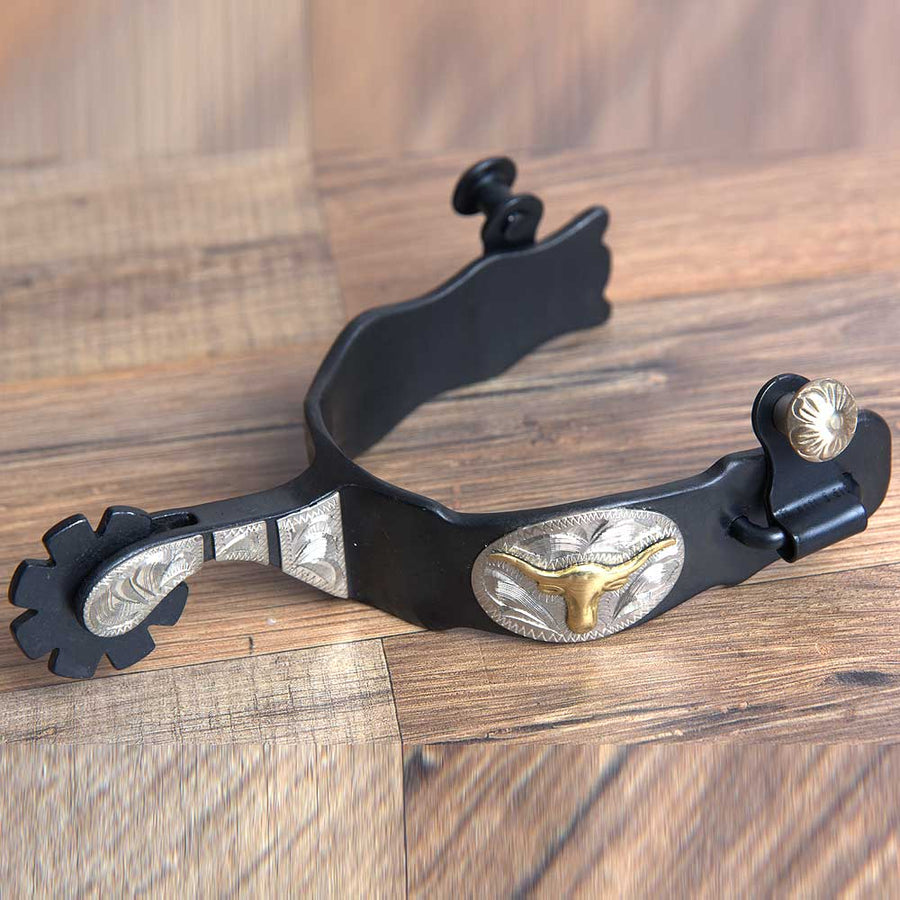 Hilason W. Mens Black Steel Steer Head Gs Trim H. Riding Spurs Pair – by Hilason – Cowboy and equestrian accessories