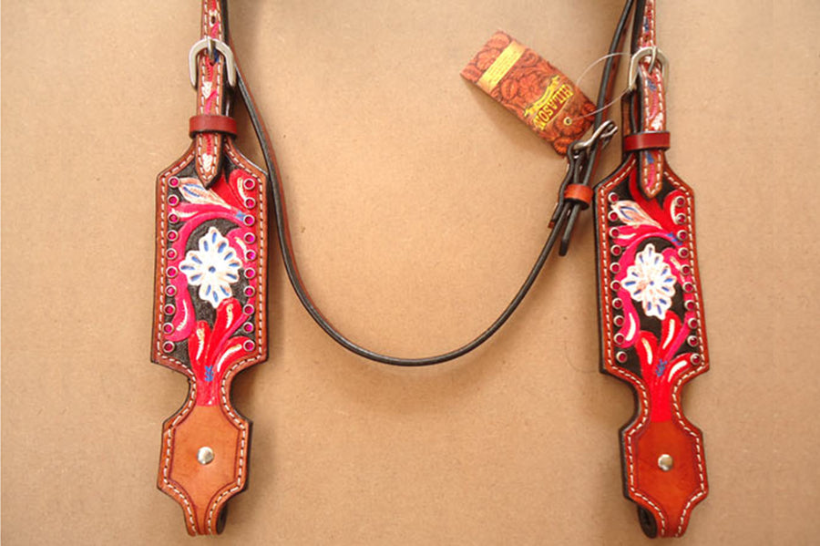 Hilason Western Horse Headstall American Leather Tan w/ Floral
