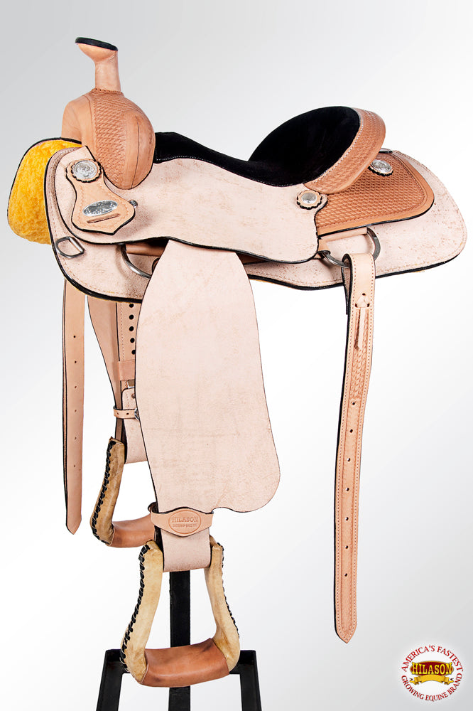 HILASON Western Horse Saddle American Leather Ranch Roping Cowboy Rough Out Tan  | Hand Tooled | Horse Saddle | Western Saddle | Wade & Roping Saddle | Horse Leather Saddle | Saddle For Horses