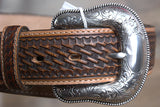 46" Justin Mens Texas Oiler Basketweave Tooled Leather Belt Silver Buckle Brown