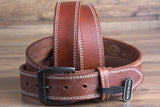 34 Inch 3D Inch Brown Mens Leather Stitched Basic Belt Brown Brass Buckle