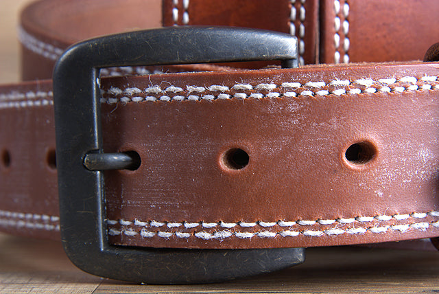 32 Inch 3D Brown Mens Leather Stitched Basic Belt Brass Buckle