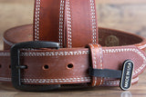 32 Inch 3D Brown Mens Leather Stitched Basic Belt Brass Buckle