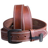 32 Inch 3D Inch Brown Mens Leather Stitched Basic Belt Brown Brass Buckle