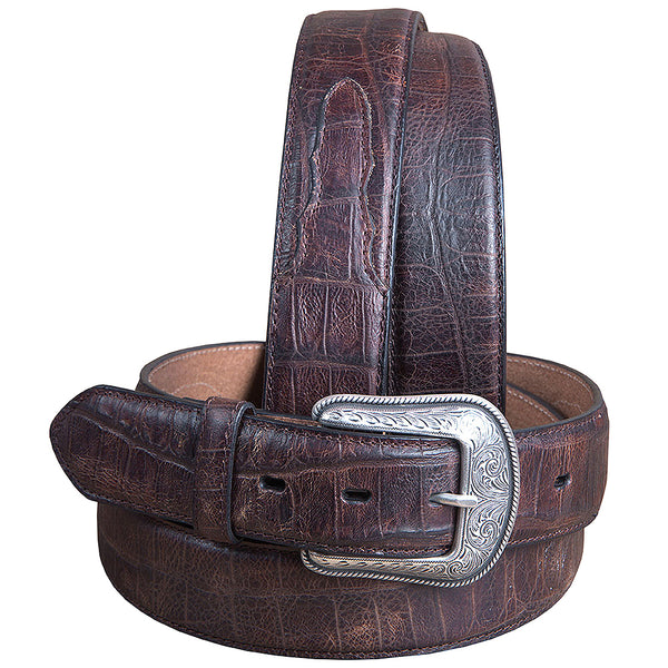 men's M&F Western Distressed Brown Croc Print Leather Belt Engraved Silver Buckle - Uhorse