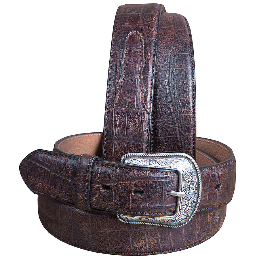 men's M&F Western Distressed Brown Croc Print Leather Belt Engraved Silver Buckle - Uhorse