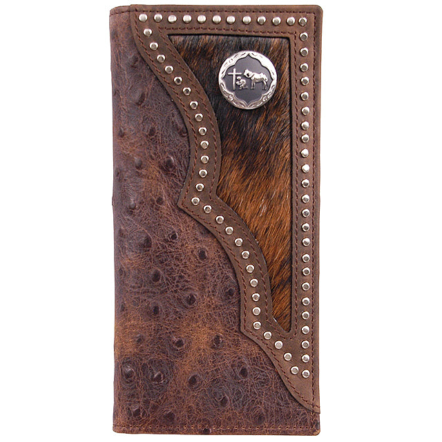 7 1/4" X 3 1/2" 3D Brown Western Ostrich Print Rodeo Wallet with Hair On Inlay - Uhorse