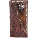 7 1/4" X 3 1/2" 3D Brown Western Ostrich Print Rodeo Wallet W/ Hair On Inlay