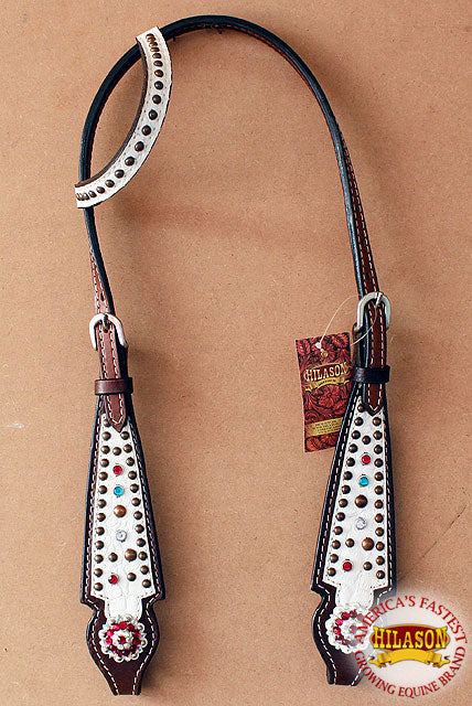 Hilason Western Horse One Ear Headstall American Leather Floral White