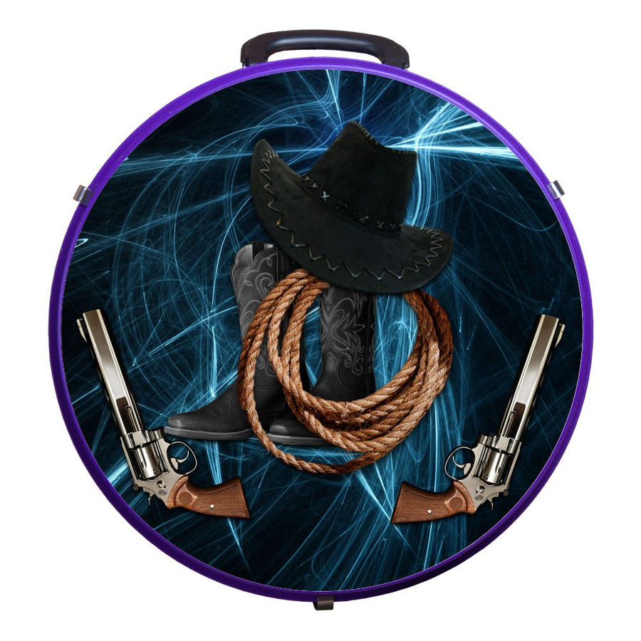 Purple round lunchbox with western cowboy design - Uhorse