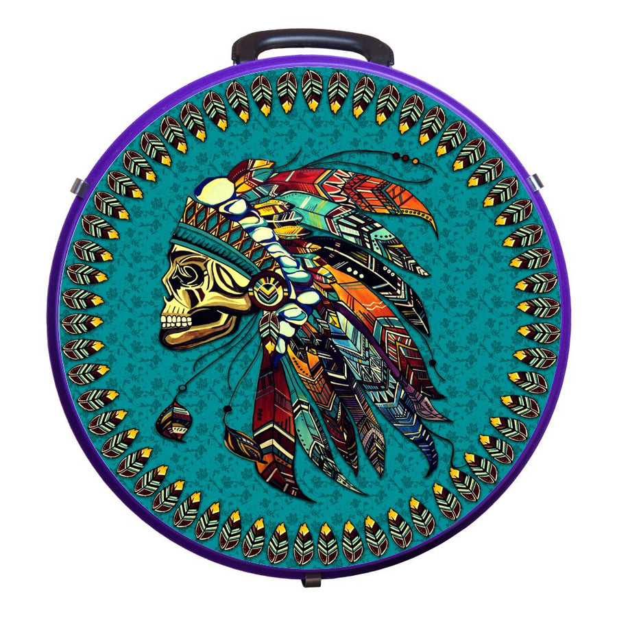 Purple round carrying case with turquoise Native American skull design - Uhorse