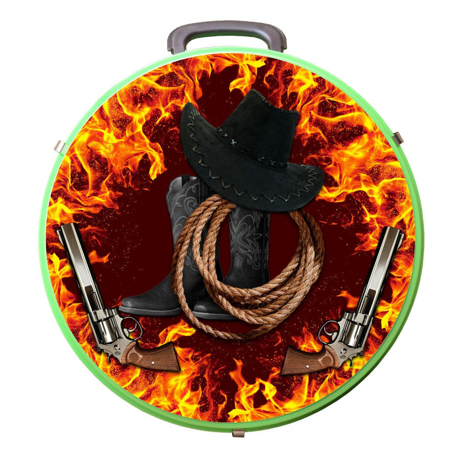 Green round cooler with western-themed fire graphic design - Uhorse