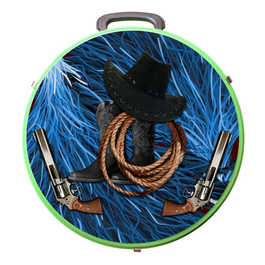 Green round suitcase with western cowboy hat, rope, and revolvers design - Uhorse