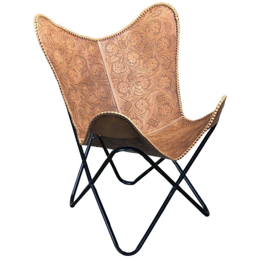 Tan leather butterfly chair with tooled design and black metal frame - Uhorse