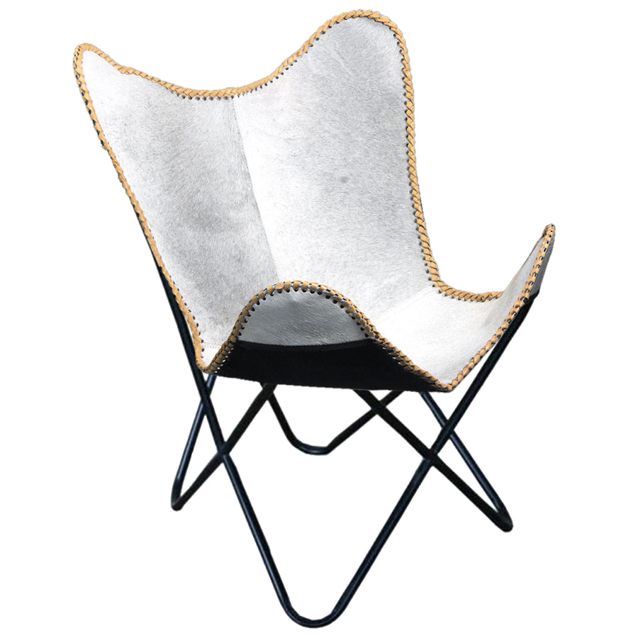 White cowhide butterfly chair with tan whipstitching - Uhorse