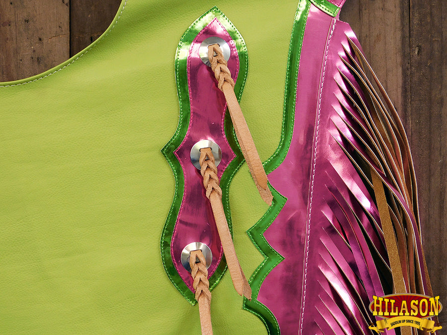 HILASON Bull Riding Soft Smooth White Leather Pro Rodeo Western Chaps Green | for Men and Women Unisex