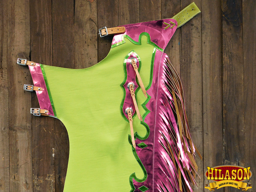 HILASON Bull Riding Soft Smooth White Leather Pro Rodeo Western Chaps Green | for Men and Women Unisex