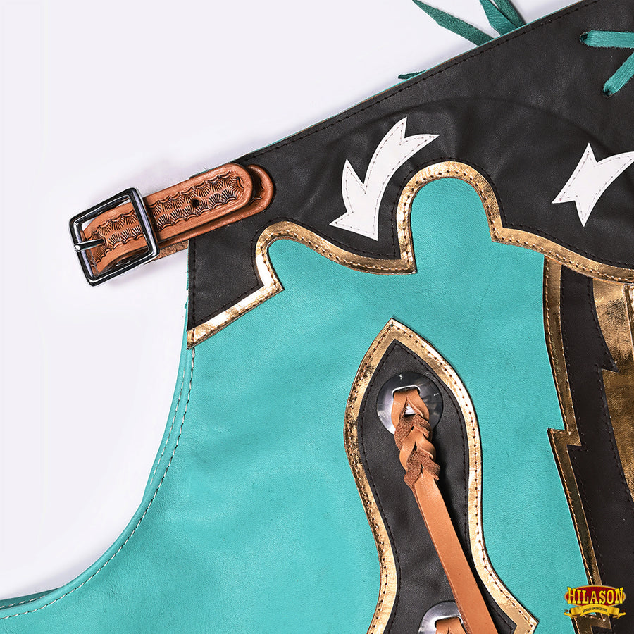 HILASON Pro Rodeo Bull Riding Chaps Genuine Leather Turquoise | for Men and Women Western Unisex