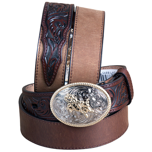 18 Inch 3D Dark Brown Leather Floral Boys Youth Cowboy Basic Belt - Uhorse