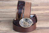 18 Inch 3D Dark Brown Leather Floral Boys Youth Cowboy Basic Belt